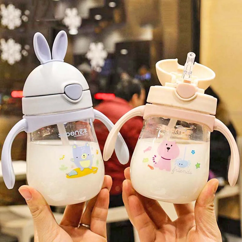 

280ml Cute Rabbite Baby Feeding Cup with a Straw BPA Free Children Learn Feeding Drinking Handle Kids Water Bottles Training Cup