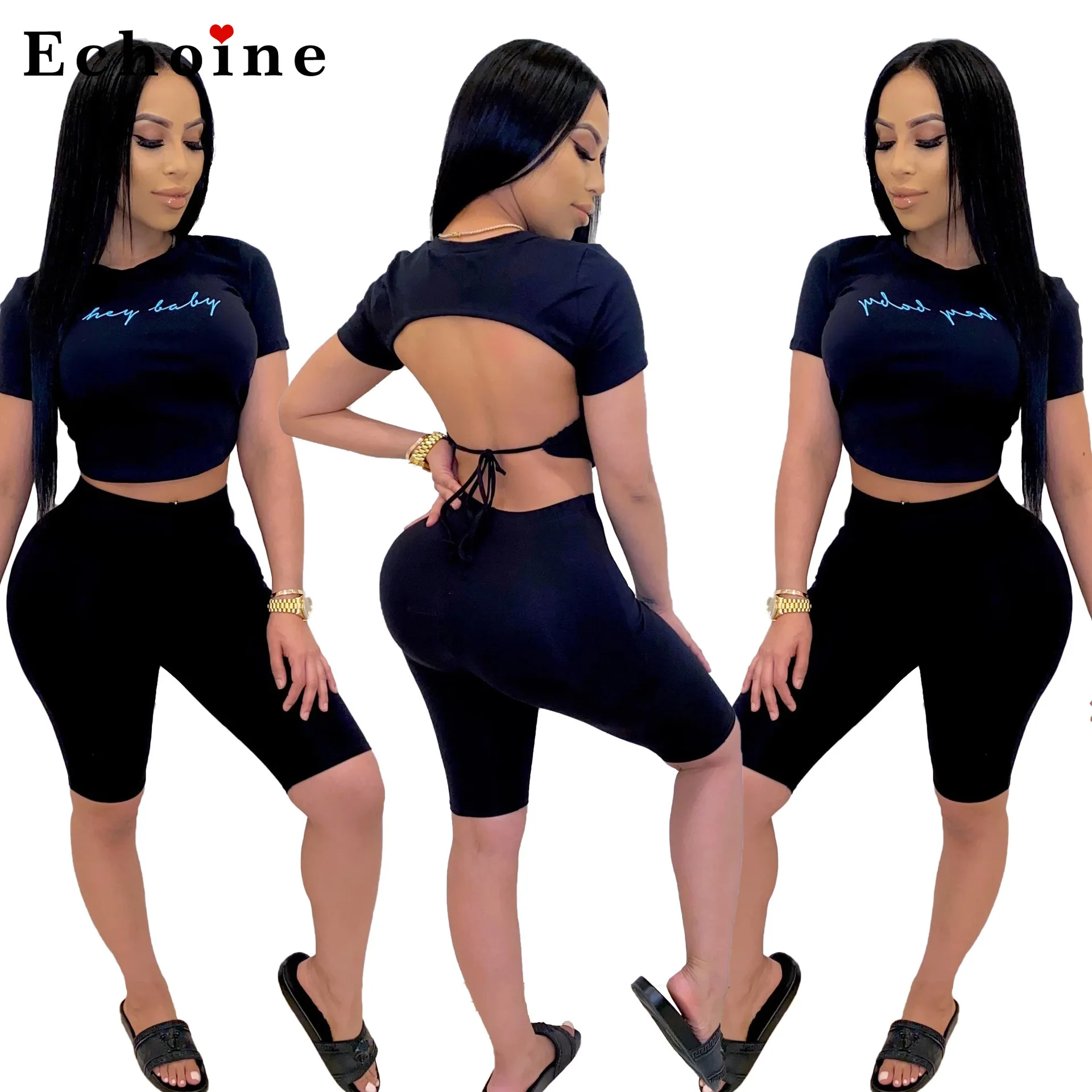 Женский комплект спортивной одежды из 2 предметов с буквенным принтом короткий