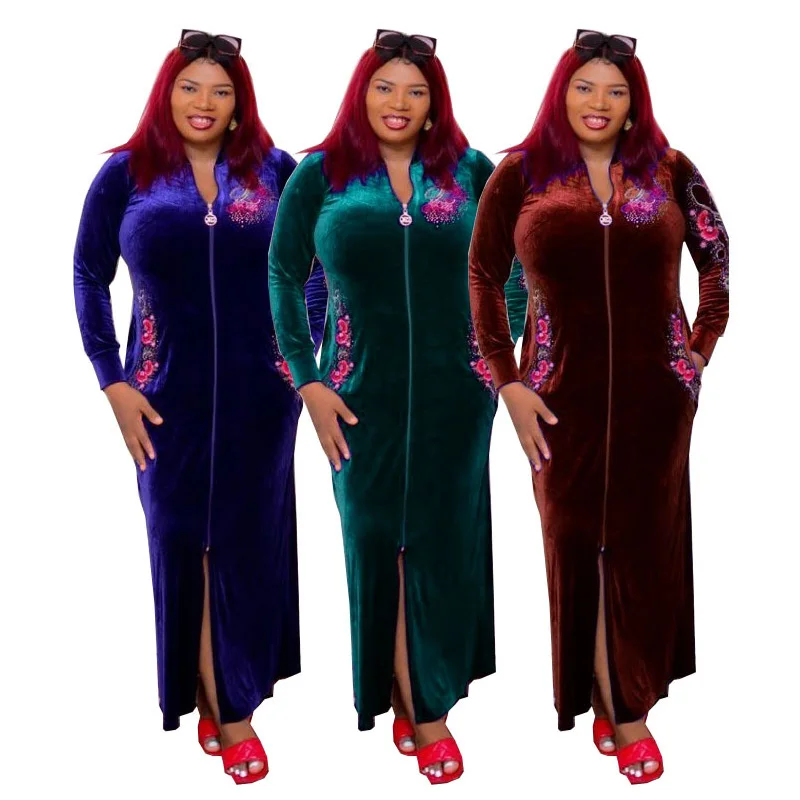 

Designer Velvet Embroidery African Dresses for Women Winter Africa Clothing Plus Size High Quality Muslim Long Sleeve Maxi Dress