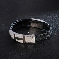 haoyi classic black 12mm wide braided leather bracelet simple stainless steel magnetic buckle mens jewelry