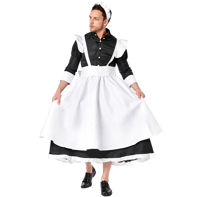 

Adult Sissy Housekeeper Maid Costume Cosplay for Men Black White Long Dress Stage Funny Reverse Performance Halloween