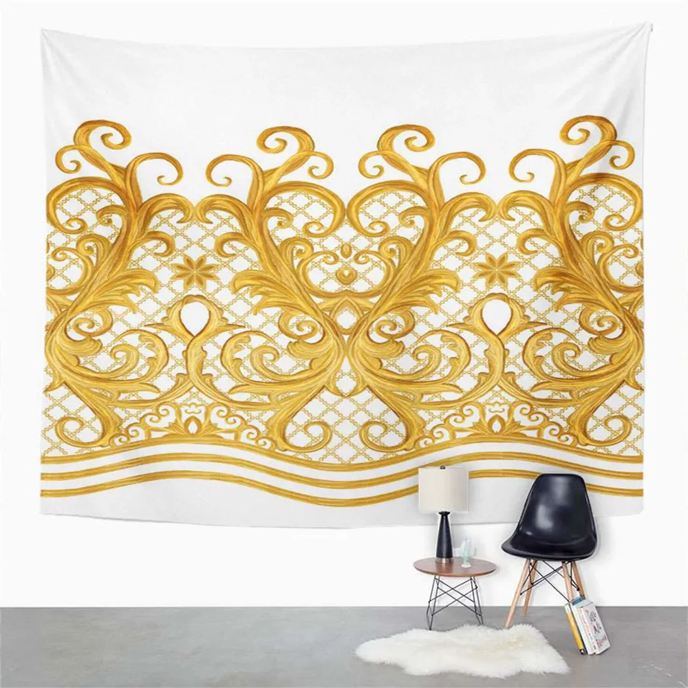 

Boho Tapestry Golden Arabesques Lace Flowers Baroque Home Dorm Decor Large Tapestry Wall Hanging Blanket For Living Room Bedroom