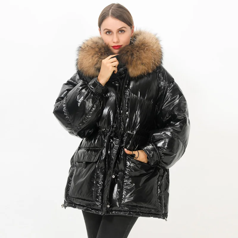 Large Natural Raccoon Fur Collar Hooded Women's Down Jacket 90% White Duck Coat Waterproof Shiny Puffer Parkas For Female | Женская