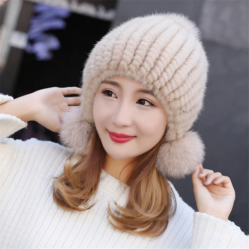 Natural Mink Fur Hats For Women Real Fur Knit Hat Fashion Genuine Fur Beanie Genuine Fur Beanie For Black Fur