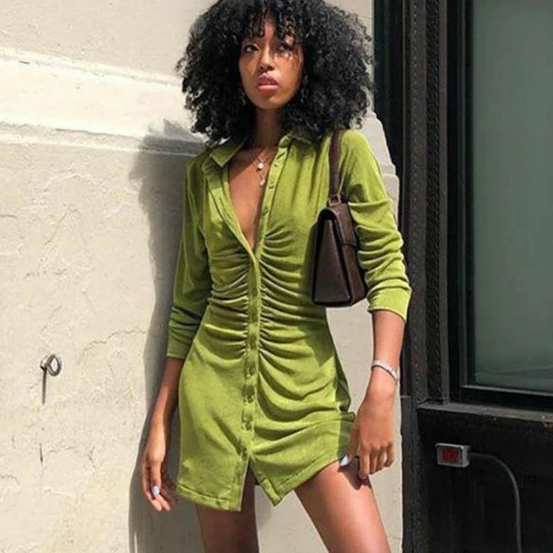 

Spring Slim Shirt Dresses Women Green Party Dress Sexy Mini Dress Turn-Down Collar Button Streetwear Ladies Short Dresses