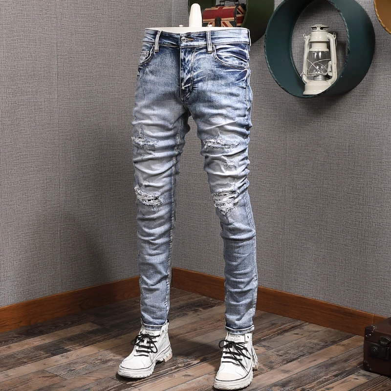 Street Style Fashion Men Jeans Retro Gray Blue Elastic Slim Fit Destroyed Ripped Jeans Men Patches Designer Hip Hop Denim Pants