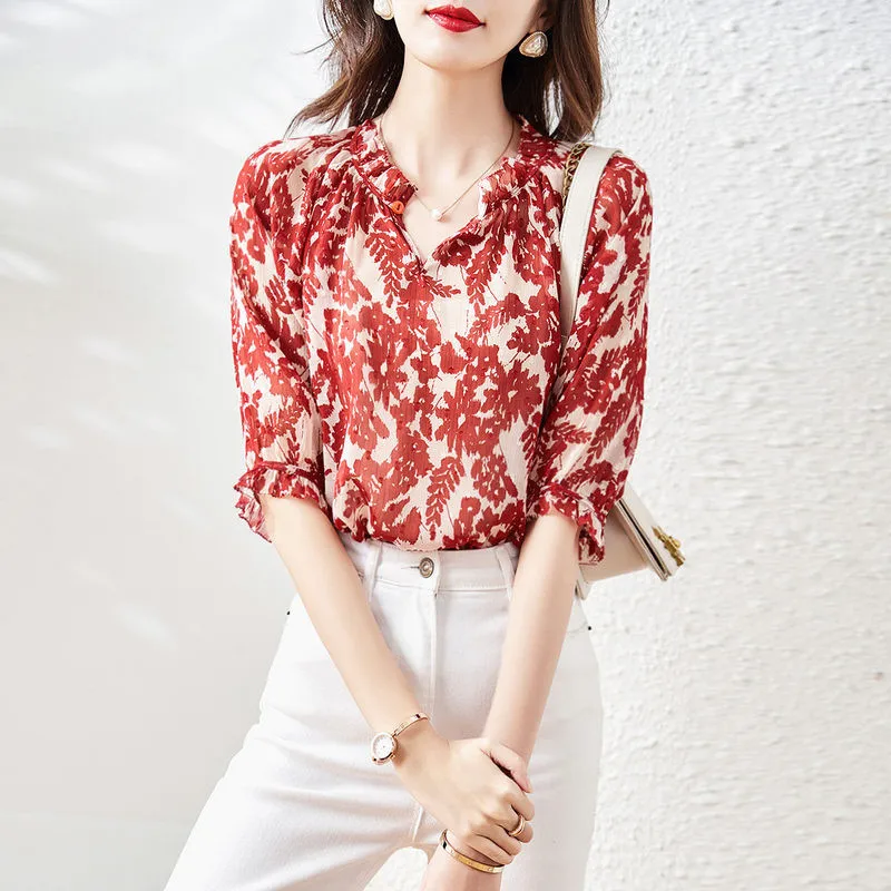 Summer high-end niche shirt red chiffon middle sleeve blouse 2021 new loose slim  shirt  blusas de tirantes mujer