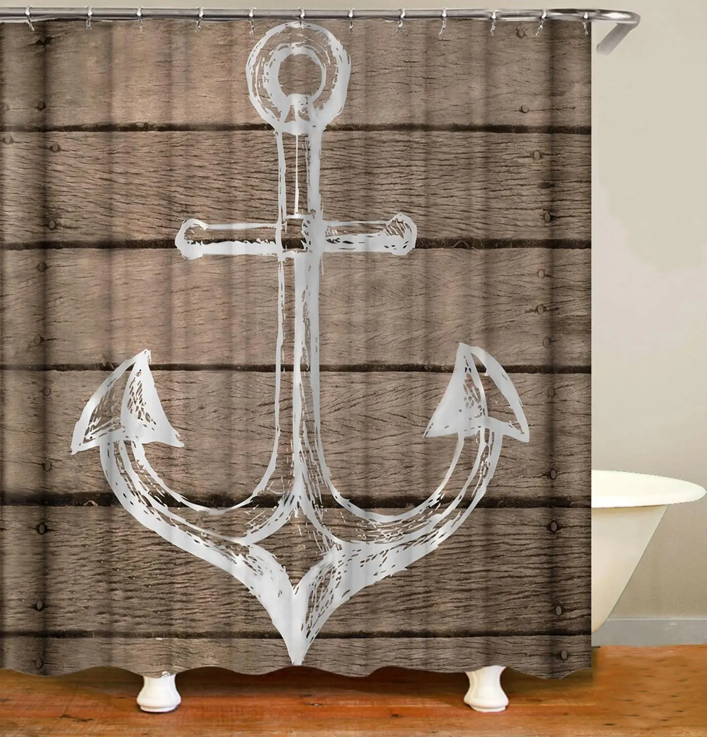 

Anchor Shower Curtain Red and White Strip Print Waterproof Bathroom Curtain With 12 Hooks Vintage Home Art Decor