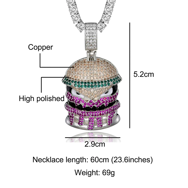 Хип-хоп Bling Hamburger Iced Cubic Zircon мужские ожерелья и подвески ювелирные изделия