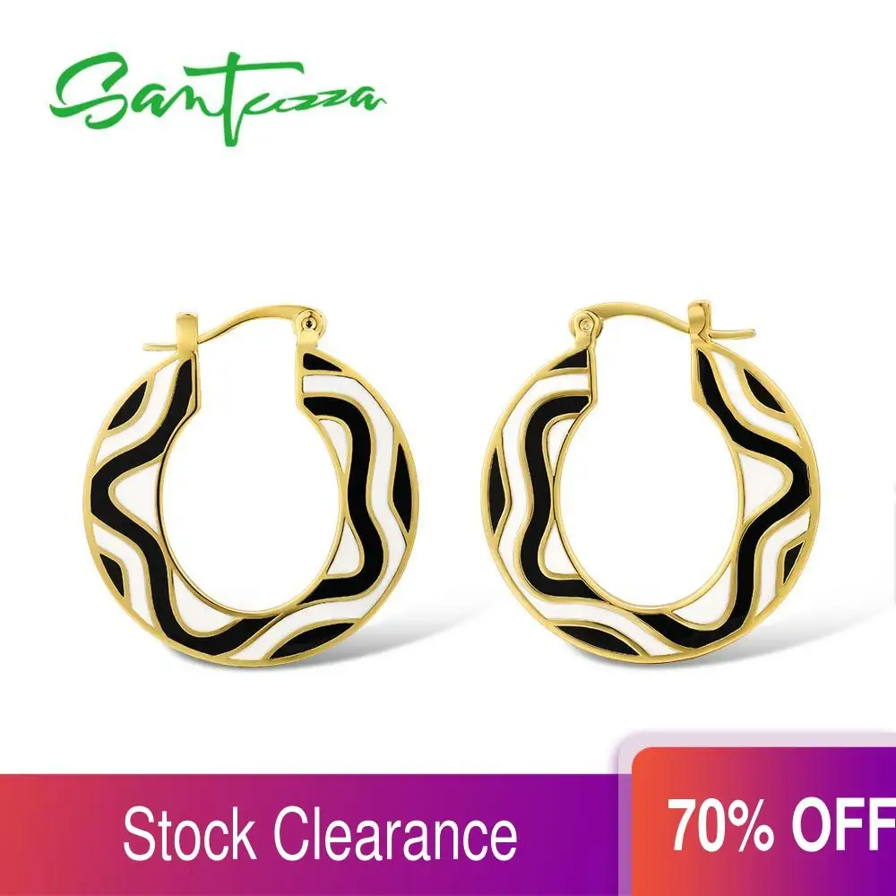 Женские латунные серьги SANTUZZA черно белые геометрические ручной работы из эмали