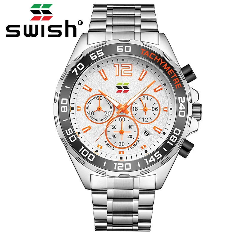 

Часы наручные SWISH Мужские кварцевые из нержавеющей стали, спортивные с большим круглым циферблатом, оранжевые