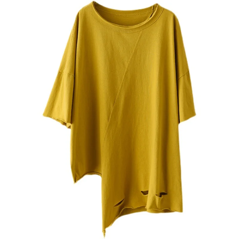 

Max LuLu Summer Casual Style 2021 Women Solid Color Loose Purple Tee Ladies Holes Irregular Design Tops Girls Cotton T-shirts