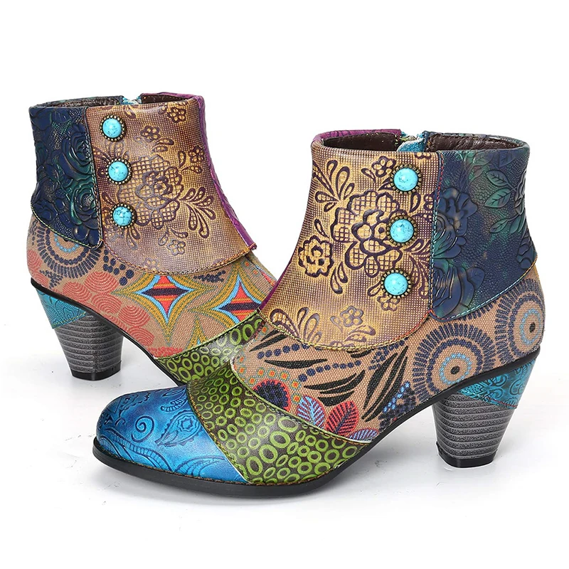 

Martin Boots Women Winter PU Leather High Heel Floral Printed Patchwork Female Plush Ankle Boots Fashion Zipper