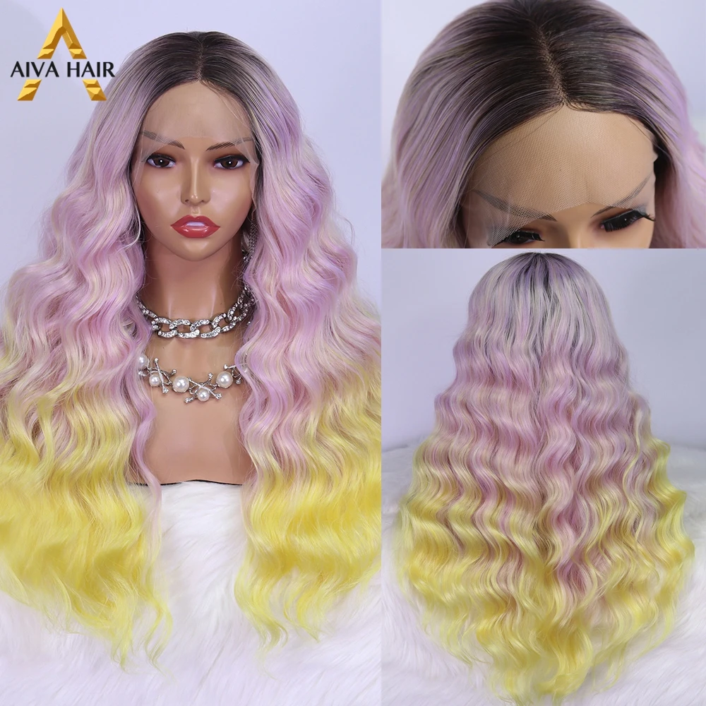 

Ombre Pink Yellow Synthetic Lace Front Wig Drag Queen Wave Synthetic Lace Wig Heat Resistant Cosplay Wigs For Black Women Aiva