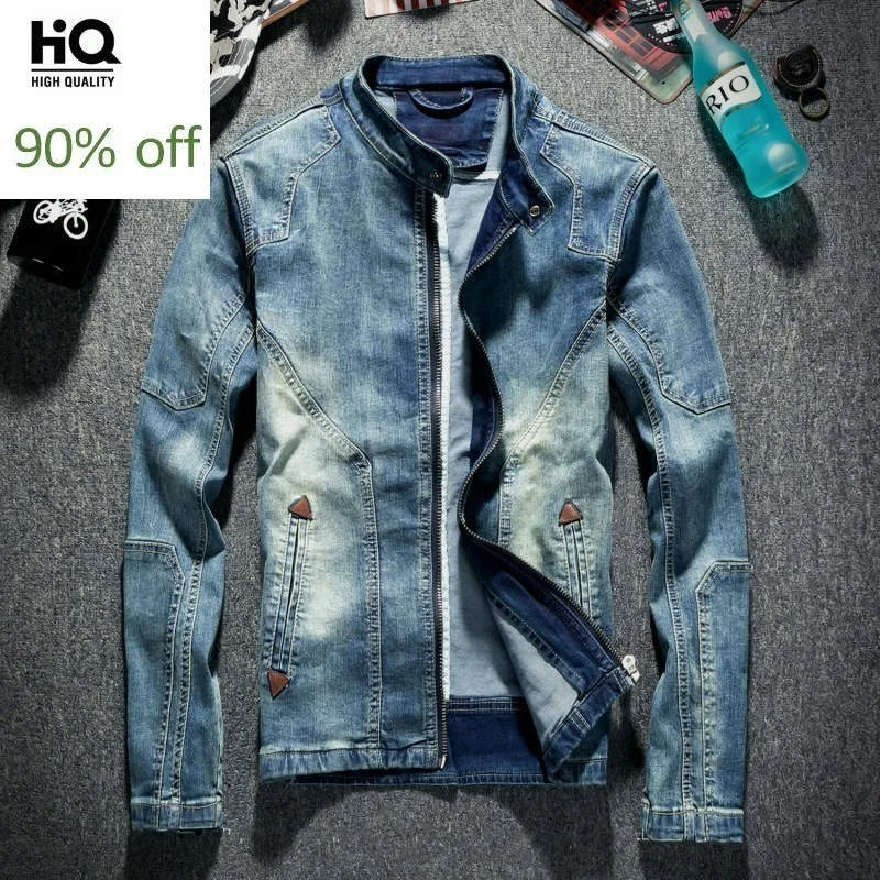 Винтажные мотоциклетные мужские джинсовые куртки на молнии с воротником-стойкой