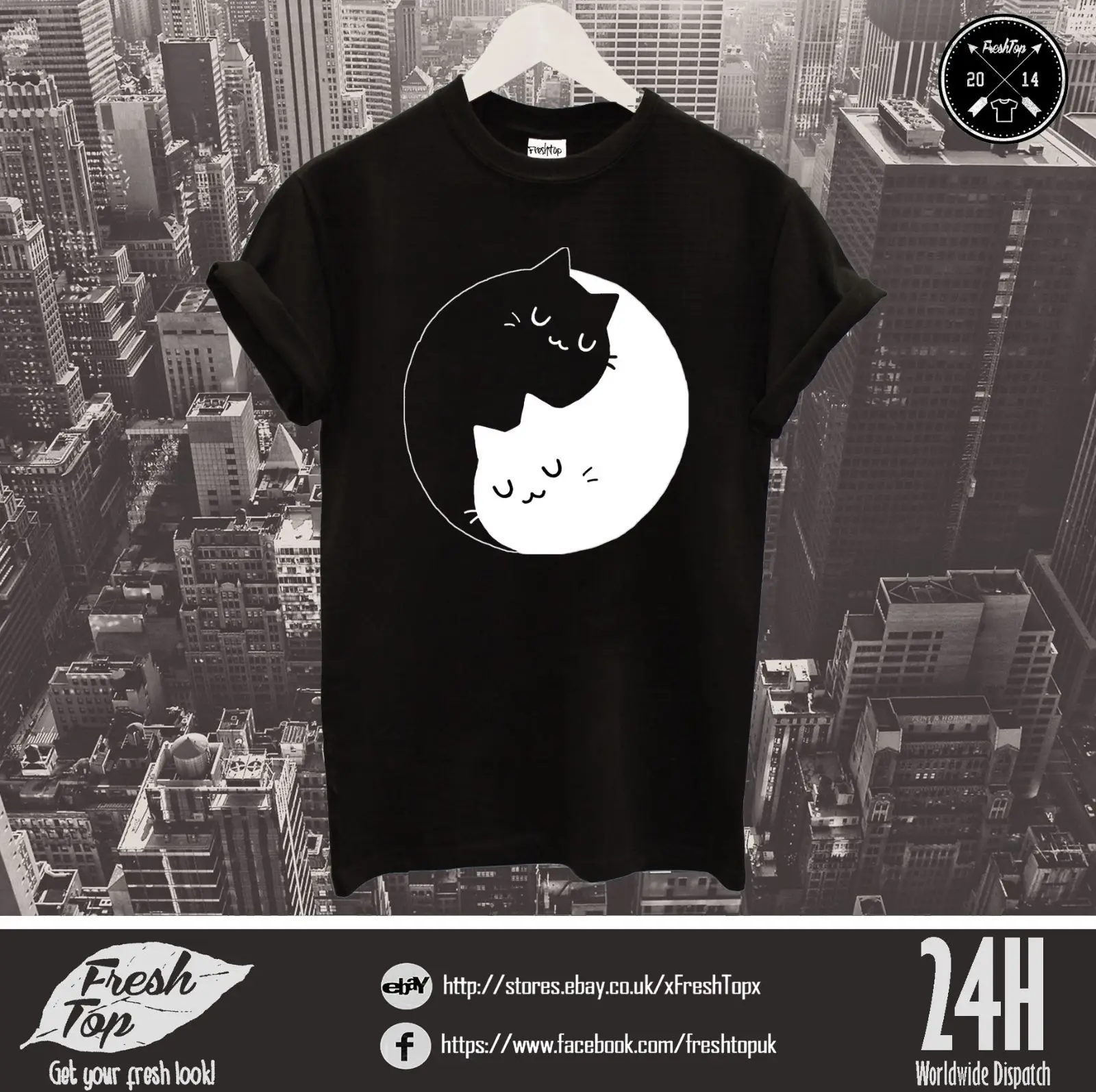 Yin And Yang Футболка Топ потрясающая забавная черная белая кошка Lovers логотип подарок