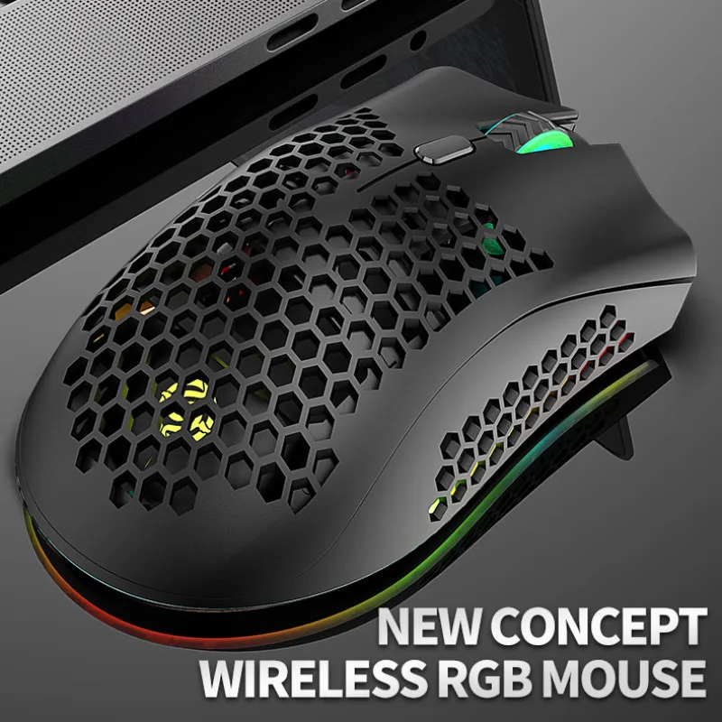 

Беспроводная игровая мышь 2,4 ГГц, 7 кнопок, 1600 DPI, регулируемая RGB подсветка, перезаряжаемая легкая сотовая оболочка