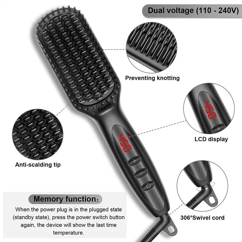 

Hair Straightening Brushes Anti-static Flat Iron Ceramic LCD Adjustable Temperature Digital smooth Hair Beard Straightener Brush