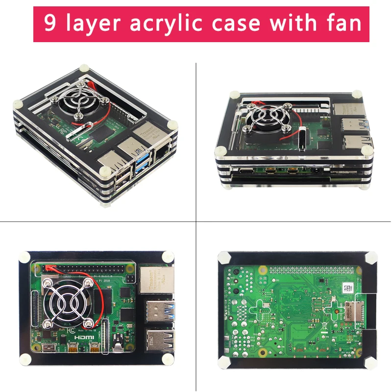 Чехол Raspberry Pi 4 Модель B 9 слоев акриловый чехол прозрачная коробка черный корпус