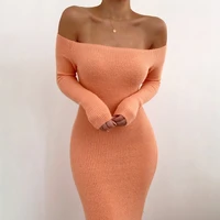 slash neck long dress women spring autumn long sleeve ribbed off shoulder sexy knitted bodycon dress for night club party