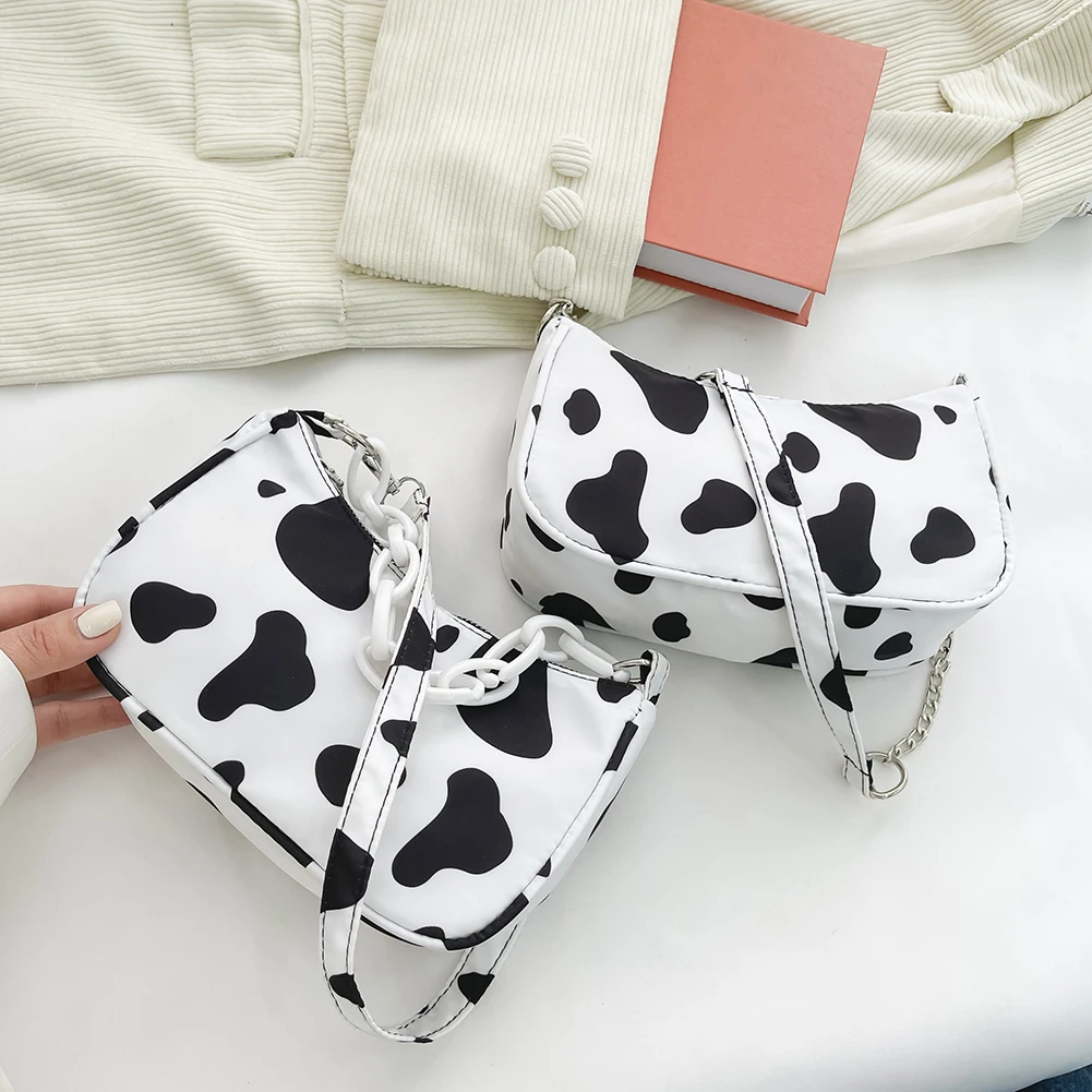 

Fashion Women Nylon Cow Pattern Shoulder Bags Printing Youth Ladies Vintage Chian Underarm Bags Small Purse Handbags Totes 2021