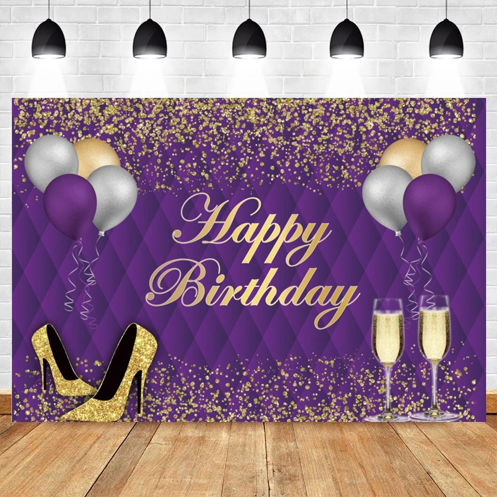 

Фиолетовый фон для дня рождения с блестками на высоких каблуках шампанского фон для фотосъемки украшения для вечерние НКИ баннер для взрослых женщин для киоска