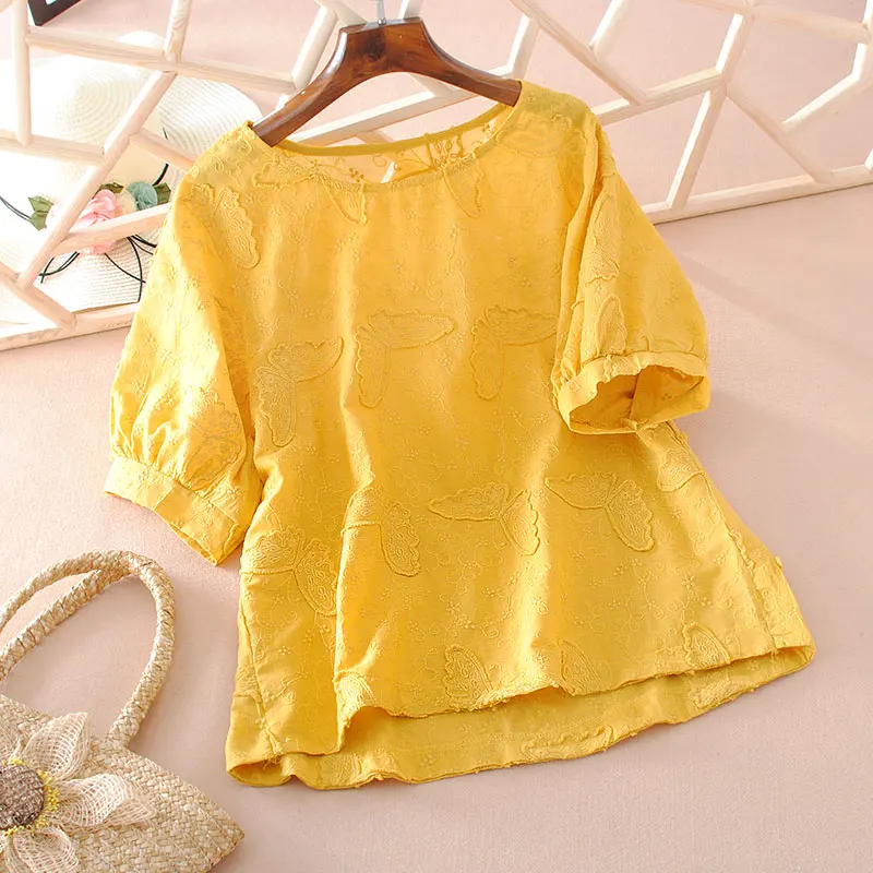 

VANOVICH Cotton Women's Blouses and Tops 2021 New Summer Wild Fashion Ladies Blouses and Tops Embroidered Wild Round Neck