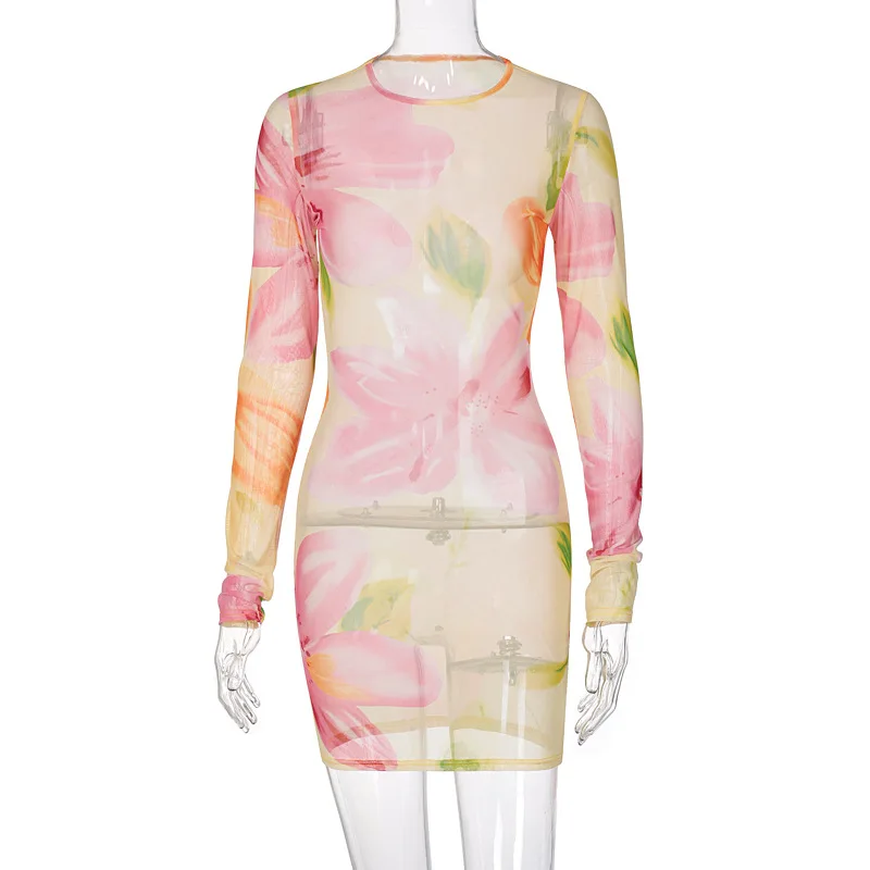 

Mesh Floral Dress Women 2021 Fashion Long Sleeve Summer Beach Sundress Bandage Slim Party Clubwear Y2K Sexy Boducon Mini Dresses