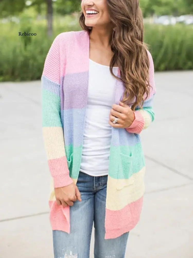 

Women Rainbow Striped Long Cardigans Winter Clothes Fashion Knitted Sweaters Streetwear Tops Pull Femme