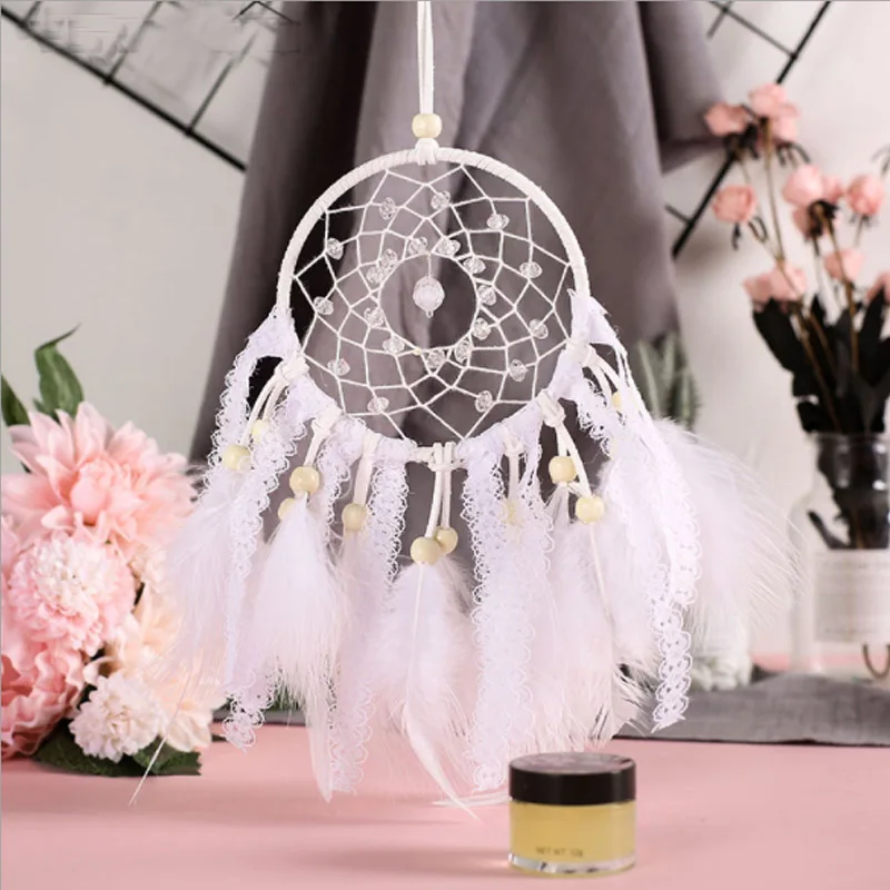 

Modern Style Feather Wall Hanging Home Decoration Crystal Bead Dream Catcher Lace Woven Mesh Feathers Decoration For Car Decor