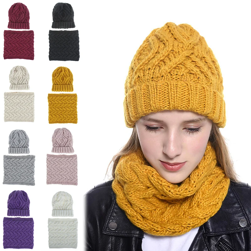 Conjunto de dos piezas de gorro y bufanda de punto para mujer, bufandas babero de Color sólido cálido para invierno