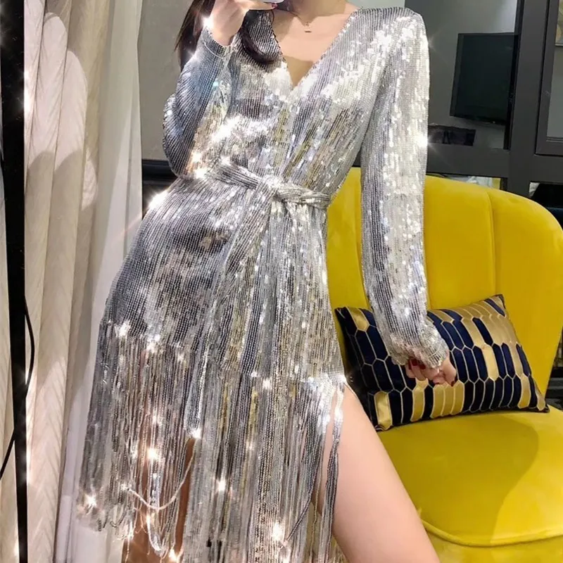 

Spring Autumn Hot Sexy Bling Sequin Deep V Neck Paillette Tassels Party Night Silver Dresses Long Sleeve Belted Club Dress