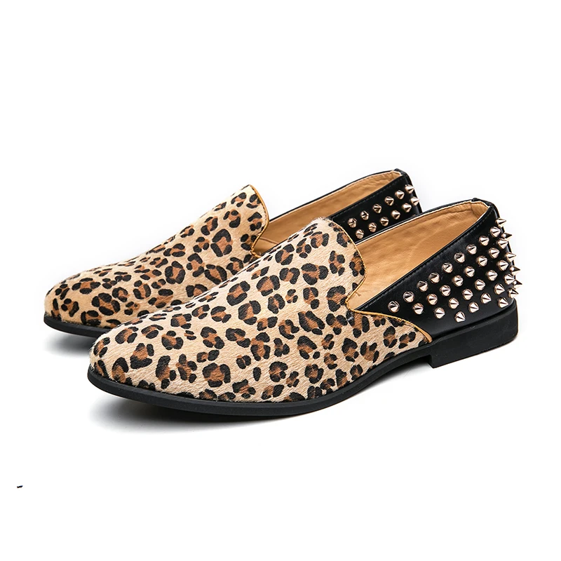 

Men Suede Leather Shoes Leopard Rivets Casual Loafers Moccasins Oxfords Shoes Party Nightclub Footwear Slip-On Driving Flats 48