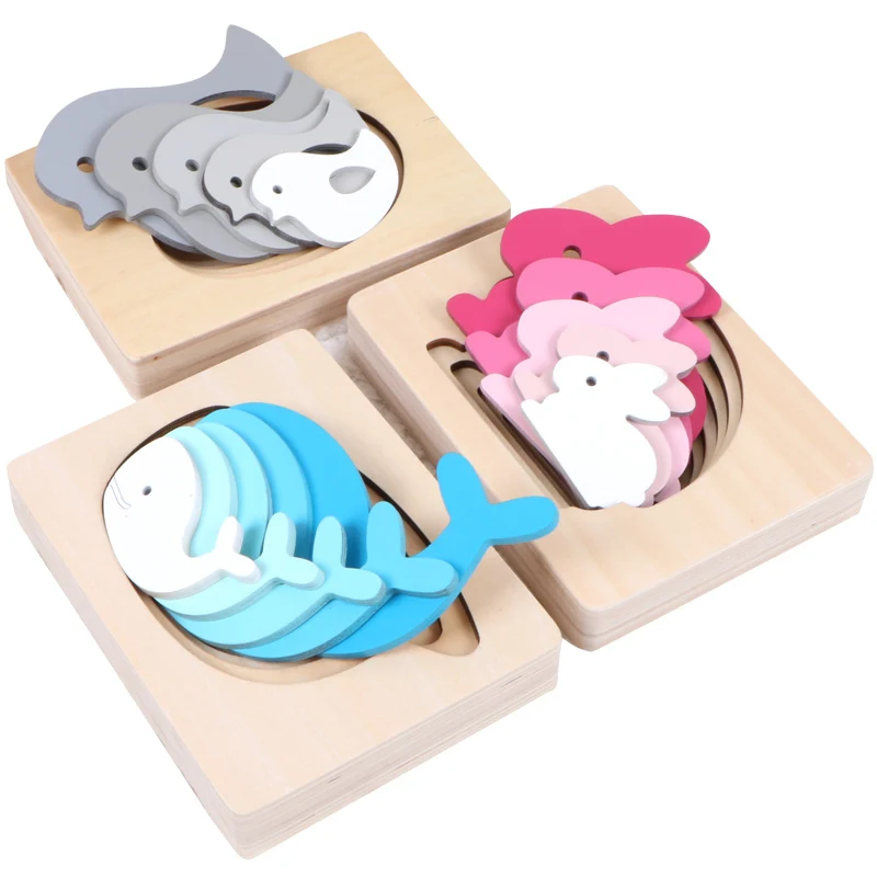 

Montessori Wooden Five Layers Whale Elephant Rabbit Animal Card Gradient Puzzle Toy Preschool Multilayer Puzzle Educational Toys