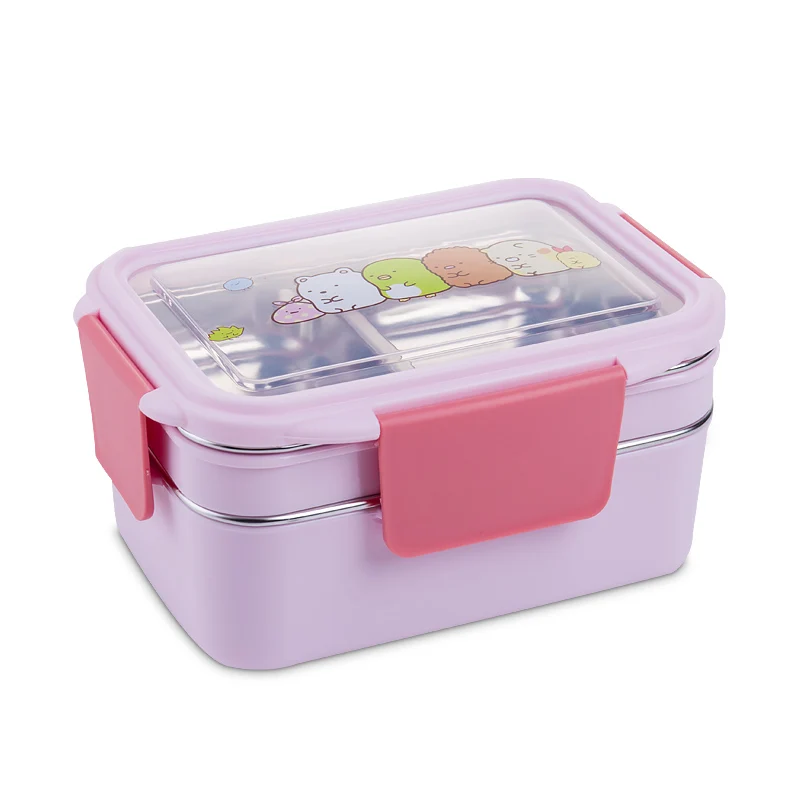 SHAI портативный для детей, для пикника, школы, Bento Box, коробка для обедов с мультипликацией, из нержавеющей стали, двухслойный контейнер для еды - Цвет: Розовый