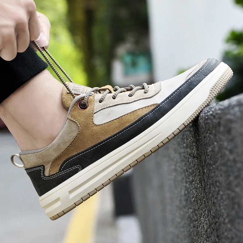 spesifikasi Sneakers Kasual Kulit Pria Asli Alas Kaki Pria Krem Sepatu Flat Kualitas Baik Sneakers Jalan Merek Fashion Pria