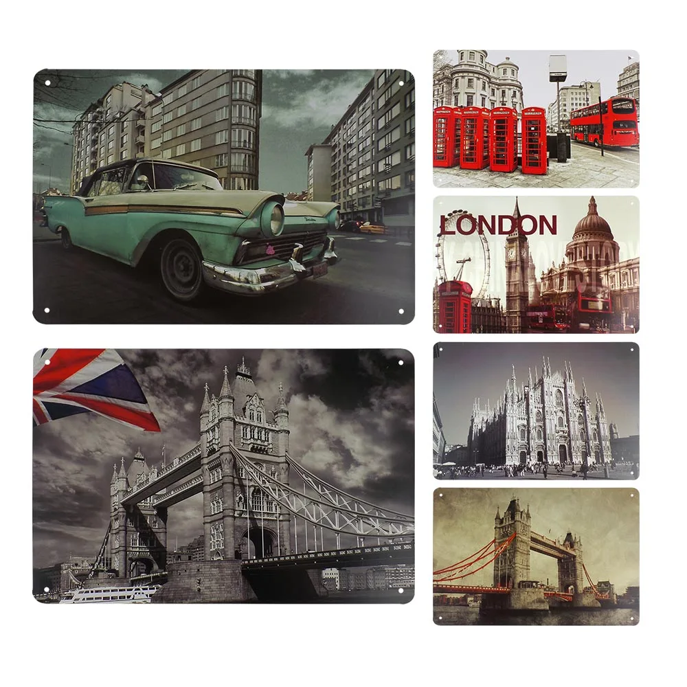 

Городские строительные знаки, оловянный металлический Ретро-плакат, железный знак, здание достопримечательности Лондона, Франции и т. Д., ви...