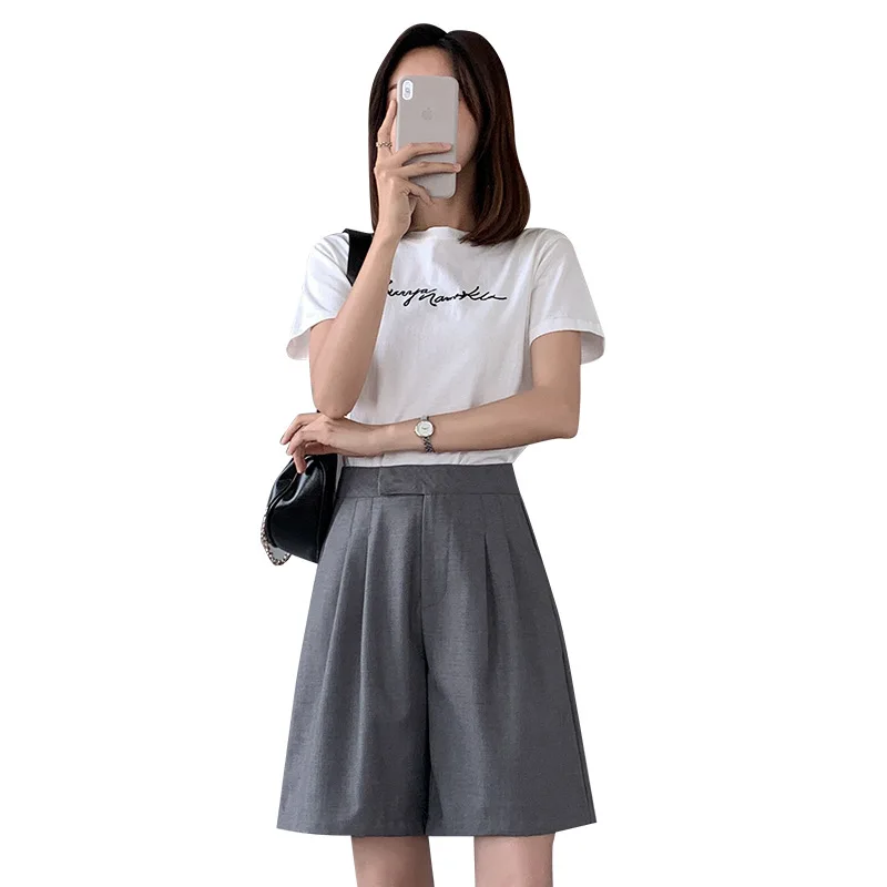 

Fifth Pants Women BF Overalls Versatile Simple Straight-Leg Pants High Waist Casual Suit Shorts