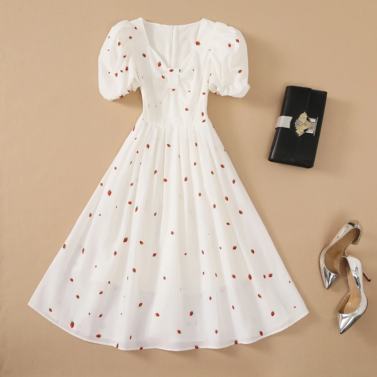Summer Dress 2021 High Quality Designer Fashion Women Sexy Square Collar Sweet Fruit Prints Short Sleeve Casual White Gown Dress