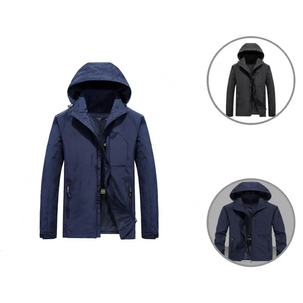 

Stand Collar Trendy Hooded Zipper Pockets Windproof Jacket Wear Resistant Jacket Coat 3D Cutting Outwear