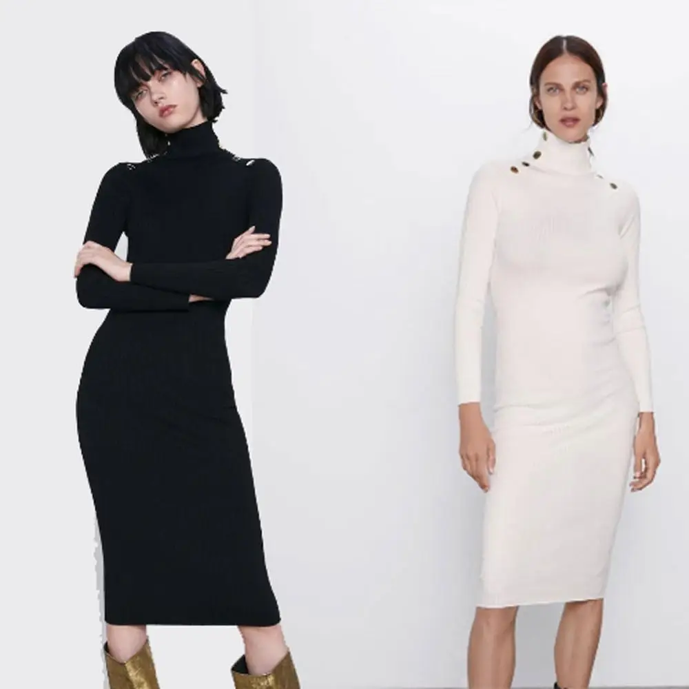 Женское трикотажное платье с воротником-стойкой ZA облегающее прямое длинными