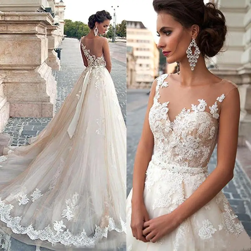 Простое свадебное платье с открытой спиной аппликация тюль кнопка иллюзия сзади