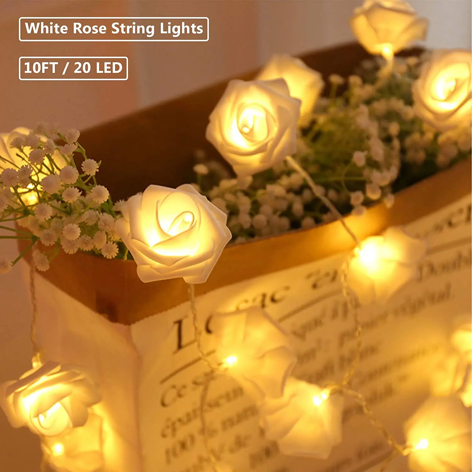 

Rose Flower LED String Lights with Battery Operated, 20 LEDs Artificial Flowers Fairy Lights for Valentine's Day, Wedding