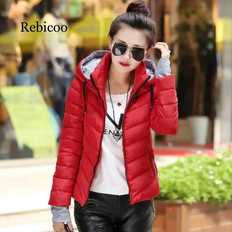 

2019 Solid color jacket short autumn winter cotton quilted women's hooded jacket women's gloves with gloves