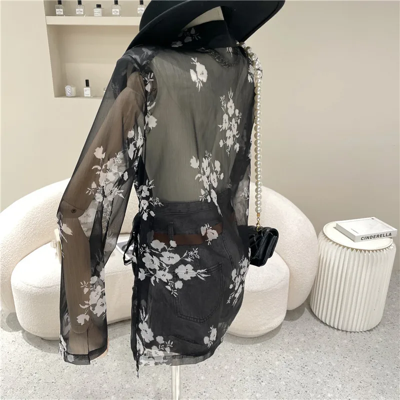 

New Women's Clothing 2021 Summer Lace up long sleeve wide Floral Shirt Thin Coat and lazy shirt