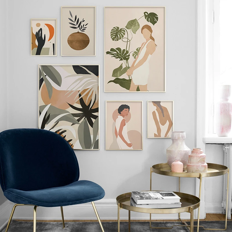 

Abstract Woman Sun and Moon Tropical Plant Canvas Painting Modern Posters and Prints Wall Art Picture for Living Room Home Decor