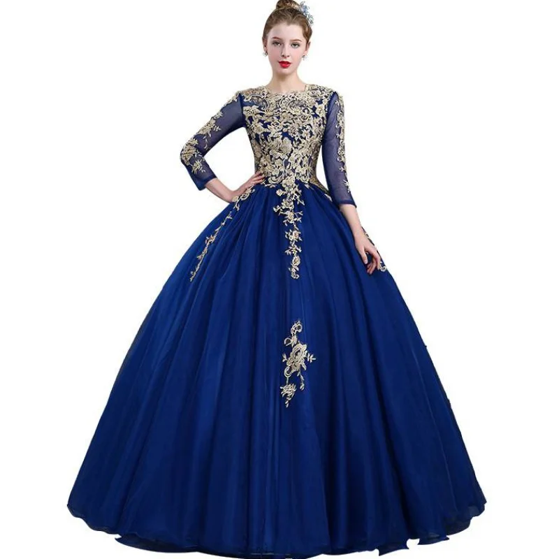 

Navy Blue Graduation Dresses 3/4 Sleeve Appliques Beading Vestidos De Gala Largos Prom Dress Puffy Masquerade Ball Gowns