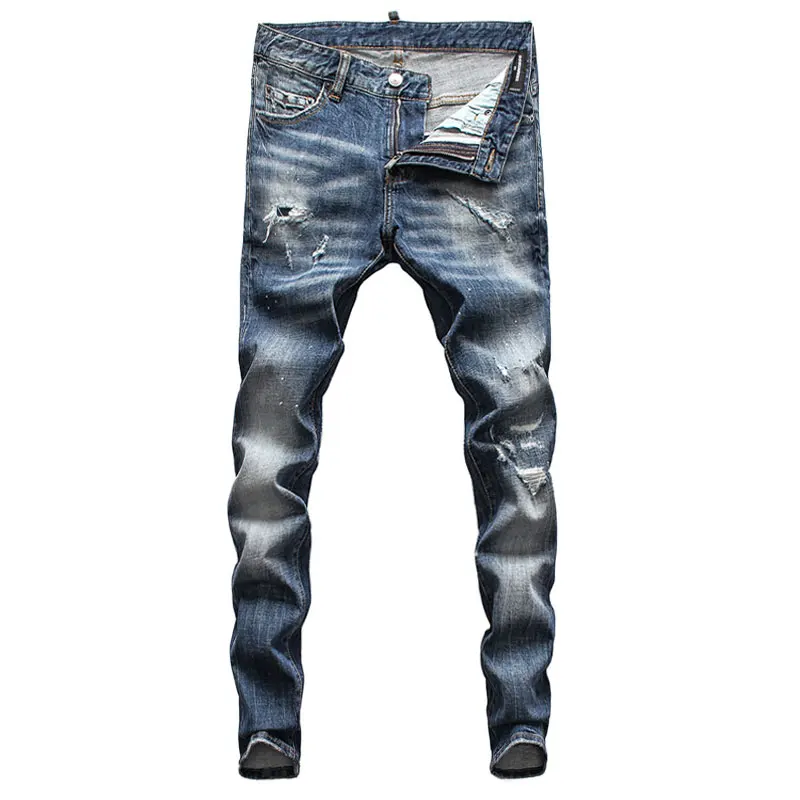 European Street Fashion Men Jeans Retro Blue Elastic Slim Ripped Jeans Men Destroyed Vintage Designer Hip Hop Denim Punk Pants