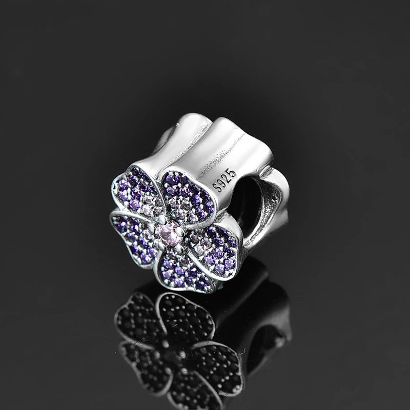 Длинные персиковые бусины в форме цветков 925 пробы серебристые фиолетовые CZ