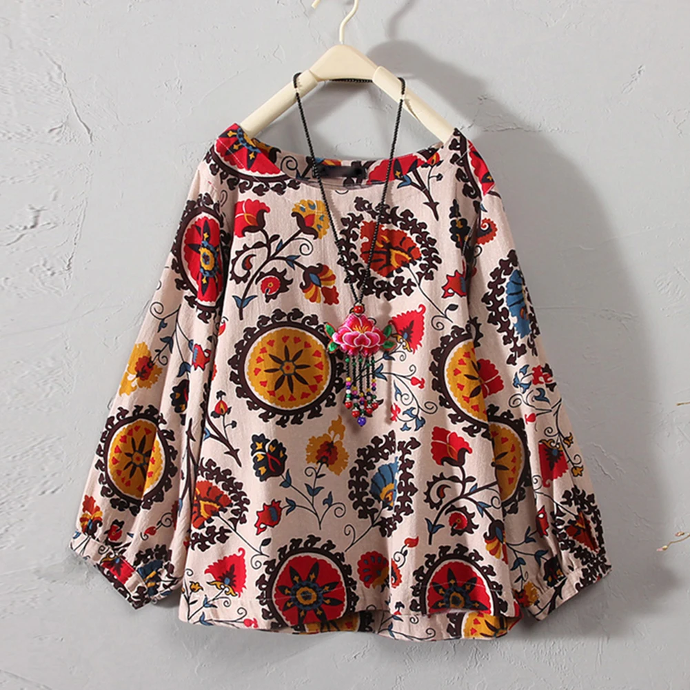 Женская Винтажная футболка из хлопка и льна голубая большого размера с цветочным